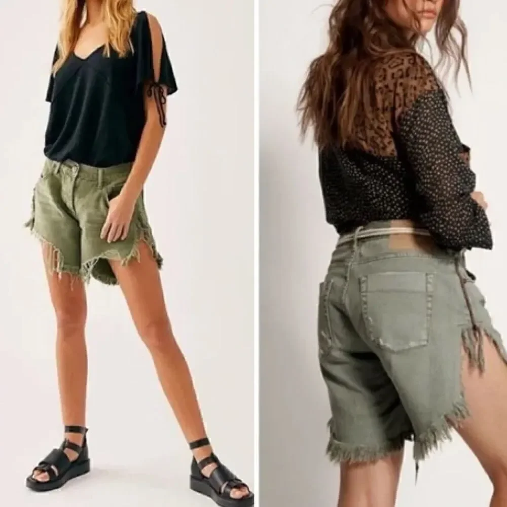 One Teaspoon X Free People Frankies Distressed Cutoff Denim Jean Shorts Khaki